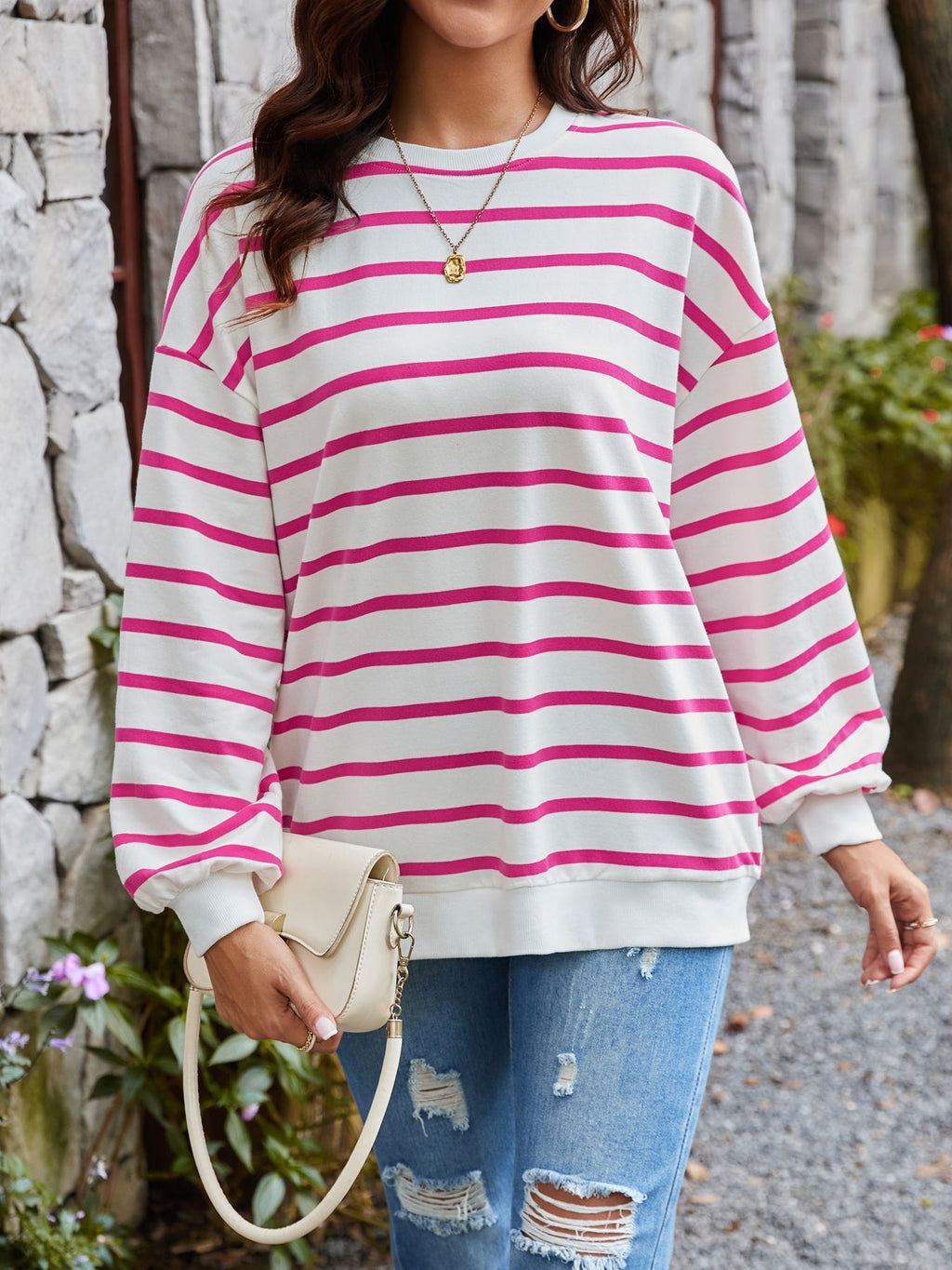 Breton Stripe Drop Shoulder Cotton Pullover - Pink - 1