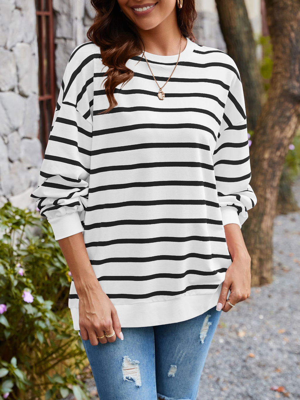 Breton Stripe Drop Shoulder Cotton Pullover - White