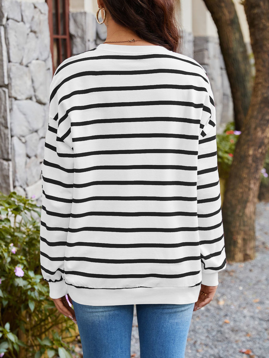 Breton Stripe Drop Shoulder Cotton Pullover - White - 2