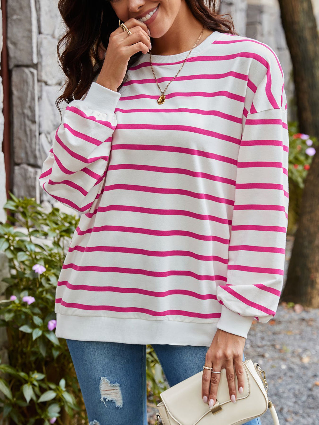 Breton Stripe Drop Shoulder Cotton Pullover - view 1