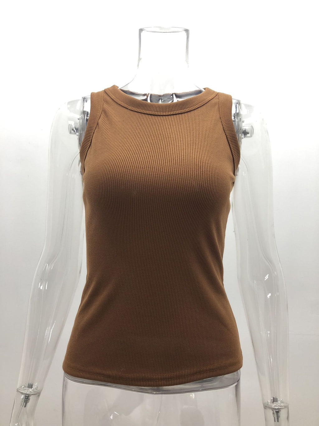 Ribbed Sleeveless Fitted Tank Top - Brown - 1