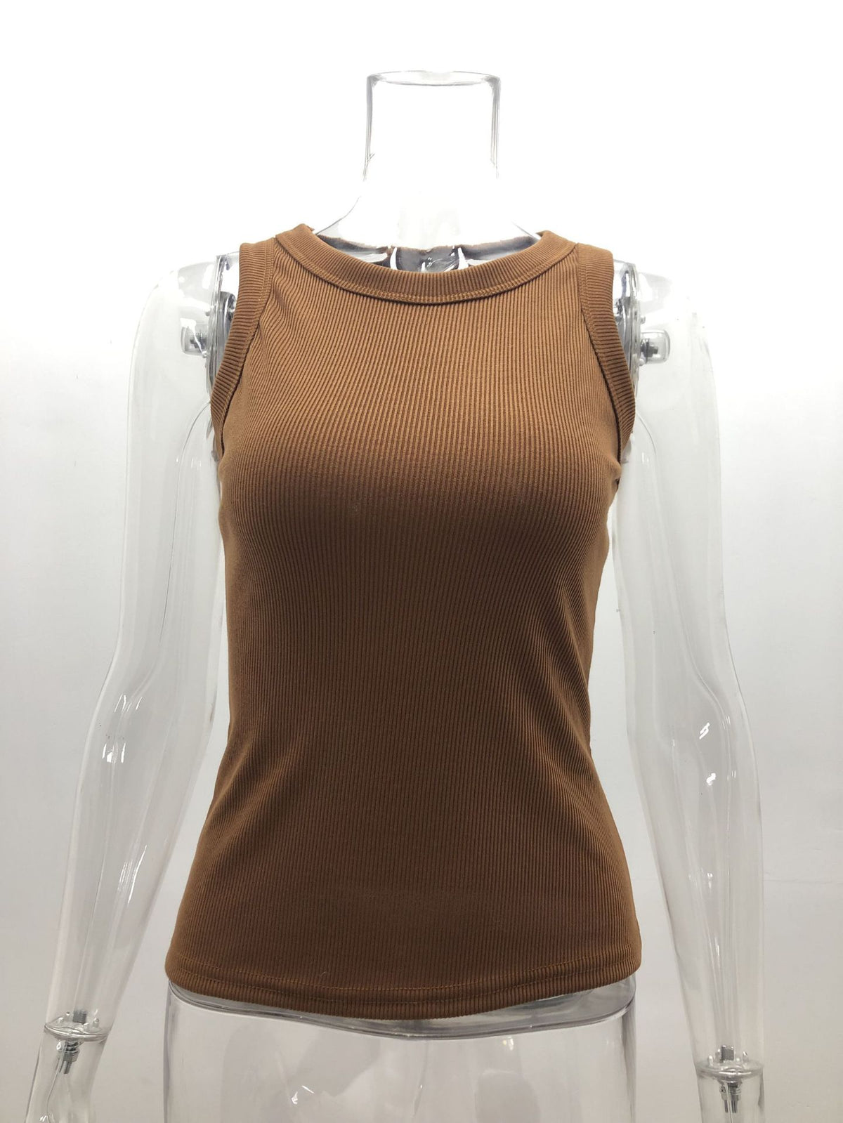 Ribbed Sleeveless Fitted Tank Top - Brown - 1