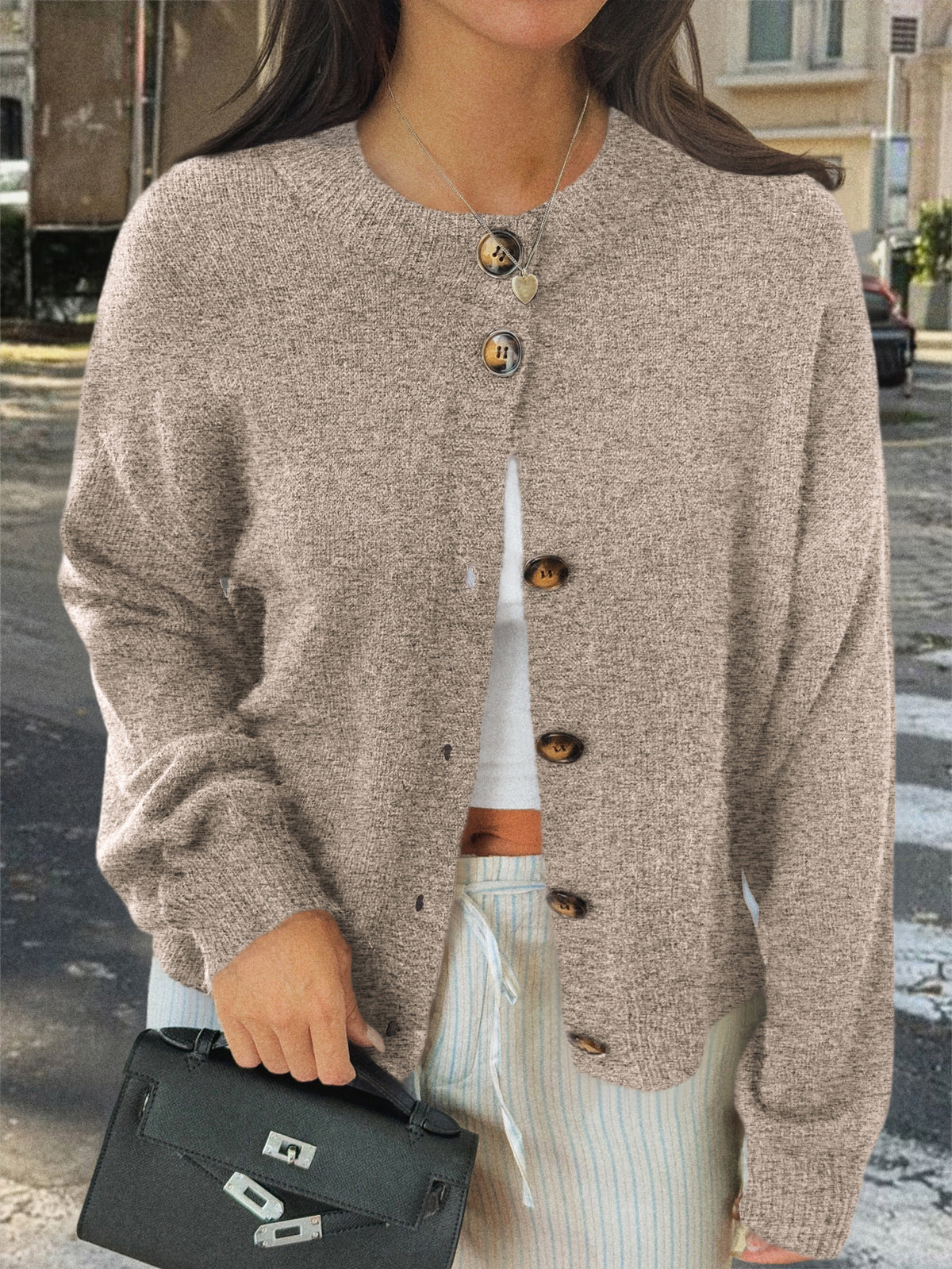 Soft Brushed Knit Round Neck Cardigan - Khaki
