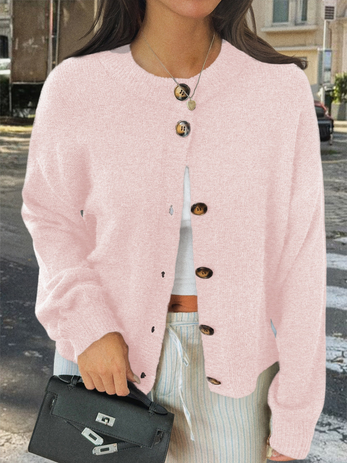 Soft Brushed Knit Round Neck Cardigan - Pink