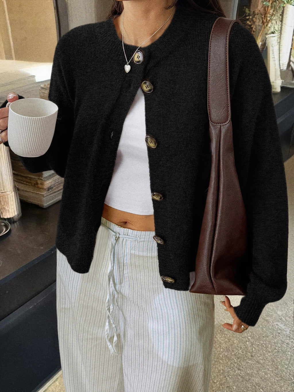 Soft Brushed Knit Round Neck Cardigan - black