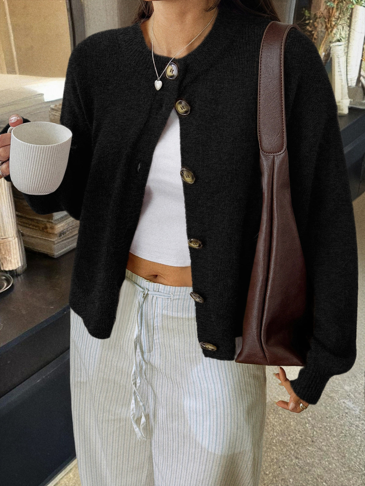 Soft Brushed Knit Round Neck Cardigan - black