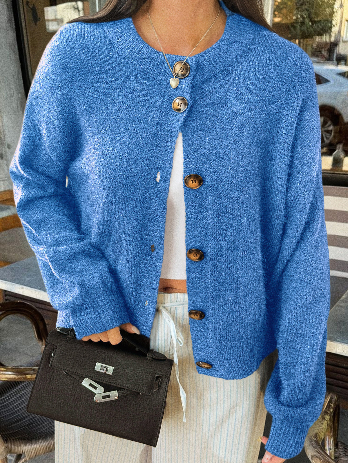 Soft Brushed Knit Round Neck Cardigan - blue