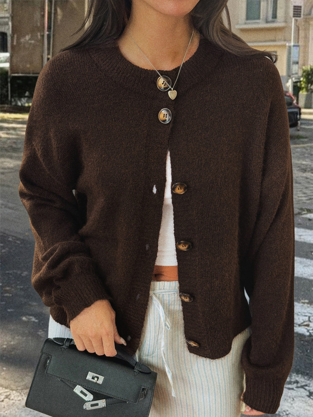 Soft Brushed Knit Round Neck Cardigan - brown