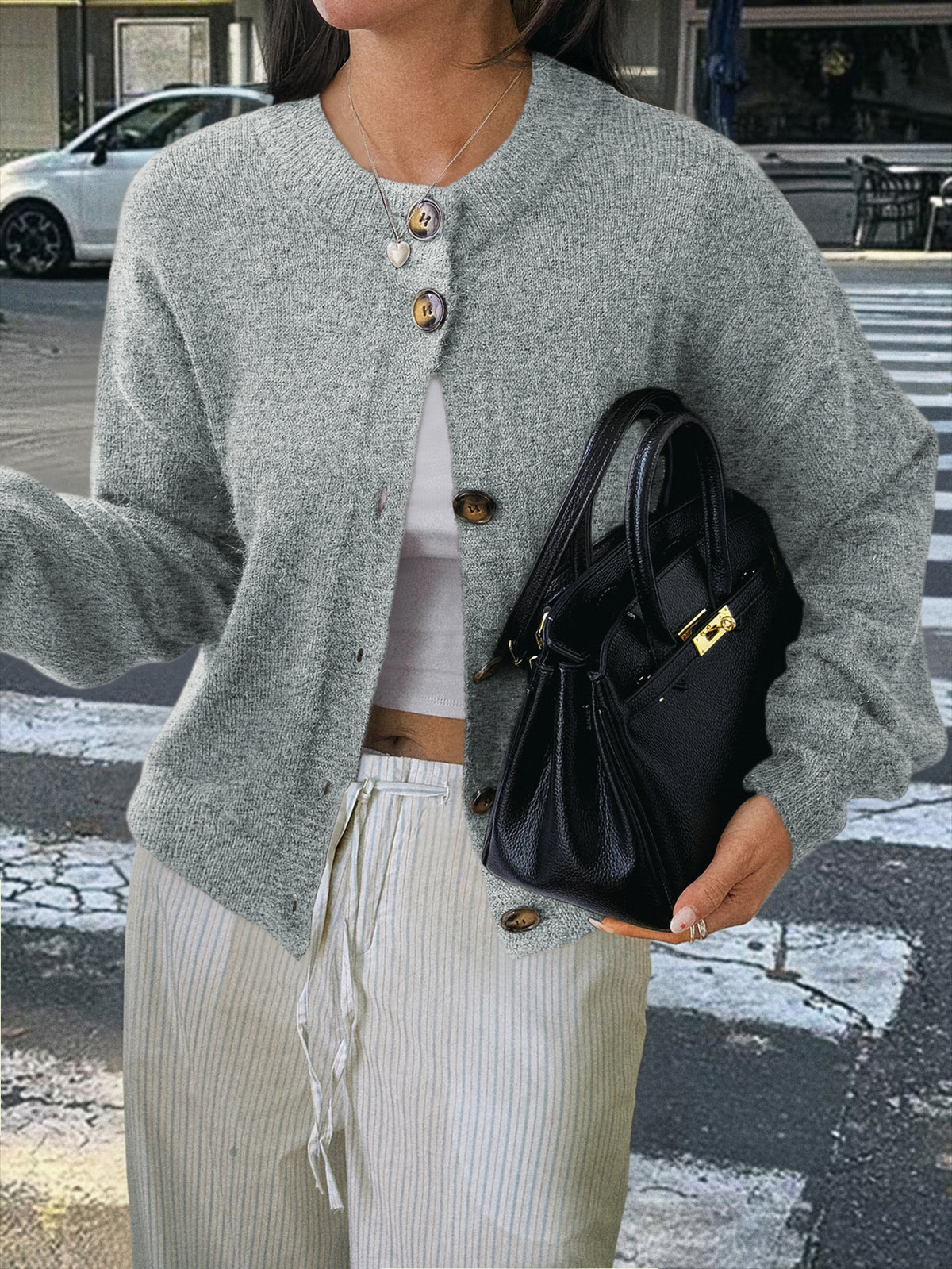 Soft Brushed Knit Round Neck Cardigan - grey