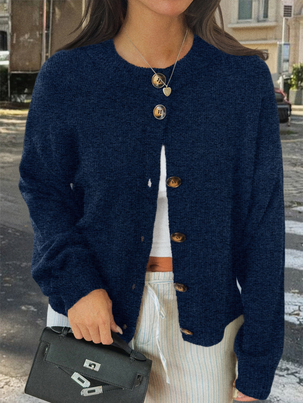Soft Brushed Knit Round Neck Cardigan - navy