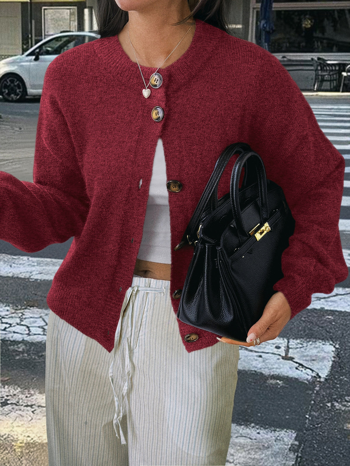 Soft Brushed Knit Round Neck Cardigan - red