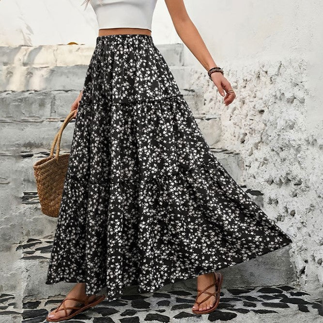 Floral Tiered Flowy Maxi Skirt - Black