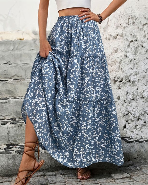 Floral Tiered Flowy Maxi Skirt - Blue