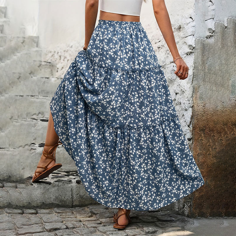 Floral Tiered Flowy Maxi Skirt - Blue - 1