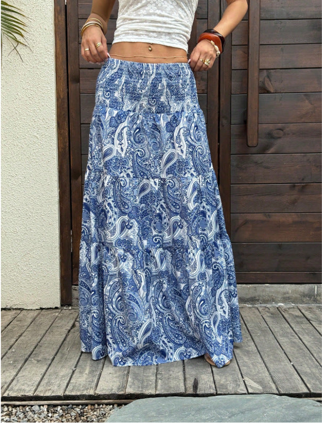 Tiered Paisley Maxi Skirt With Smocked Waist - Blue