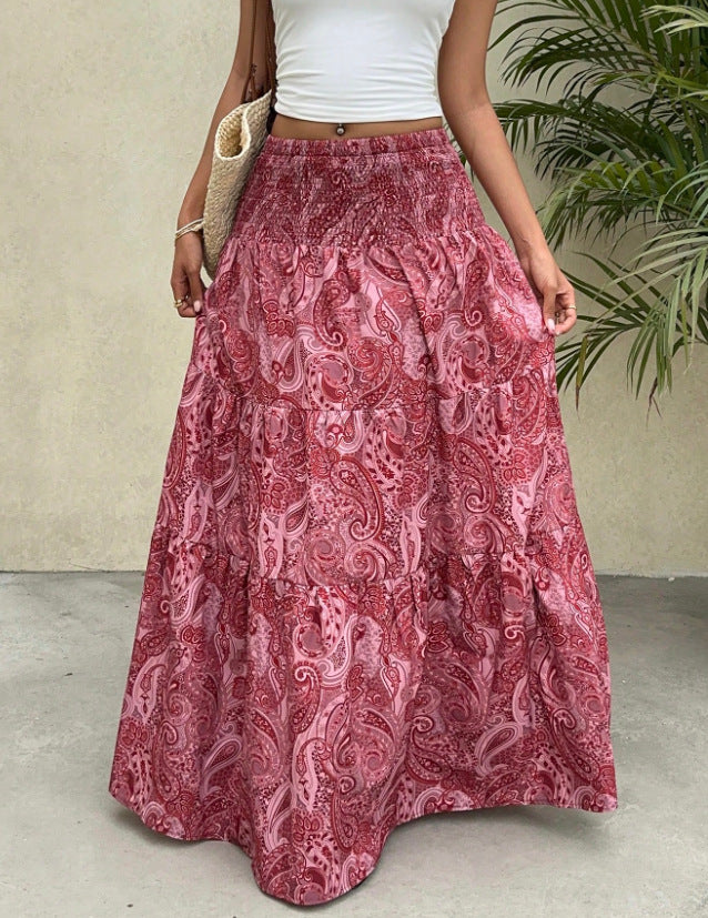 Tiered Paisley Maxi Skirt With Smocked Waist - DarkRed