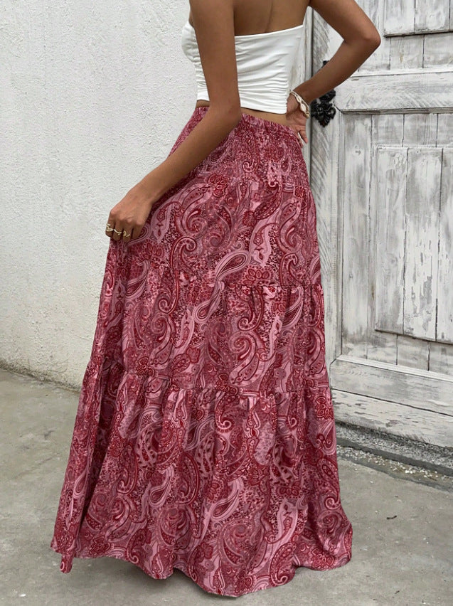 Tiered Paisley Maxi Skirt With Smocked Waist - DarkRed - 1