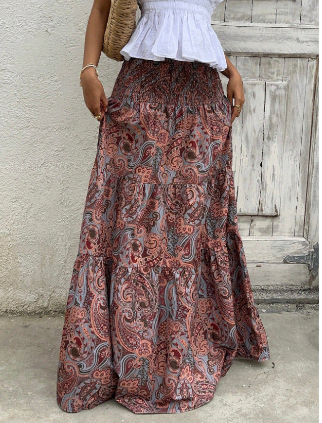 Tiered Paisley Maxi Skirt With Smocked Waist - Espresso