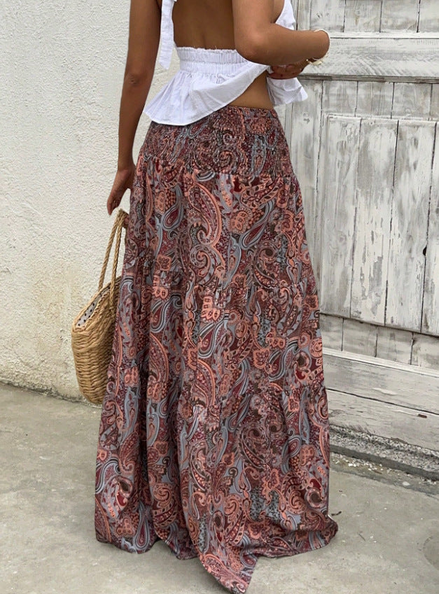 Tiered Paisley Maxi Skirt With Smocked Waist - Espresso - 1