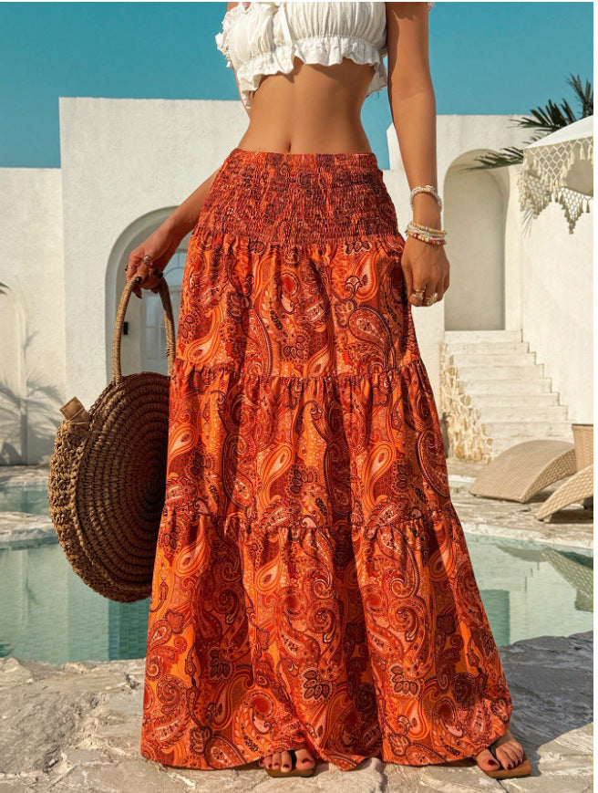 Tiered Paisley Maxi Skirt With Smocked Waist - Flame