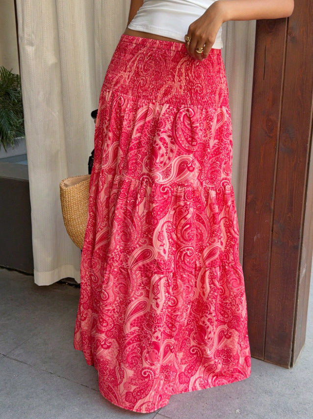 Tiered Paisley Maxi Skirt With Smocked Waist - Fuchsia