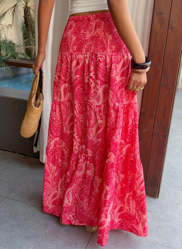 Tiered Paisley Maxi Skirt With Smocked Waist - Fuchsia - 1