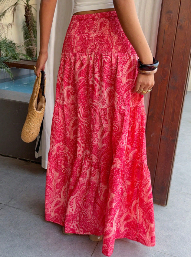 Tiered Paisley Maxi Skirt With Smocked Waist - Fuchsia - 2