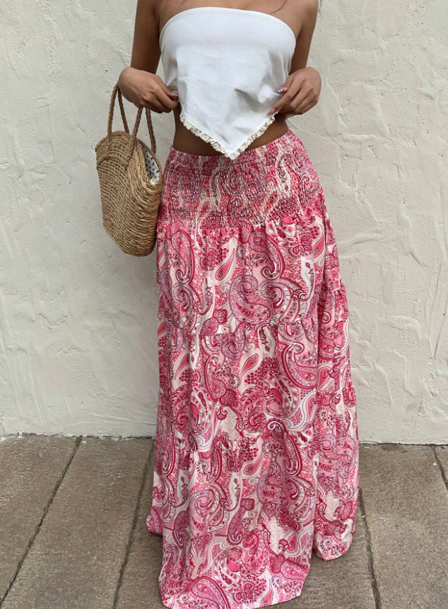 Tiered Paisley Maxi Skirt With Smocked Waist - LightRed