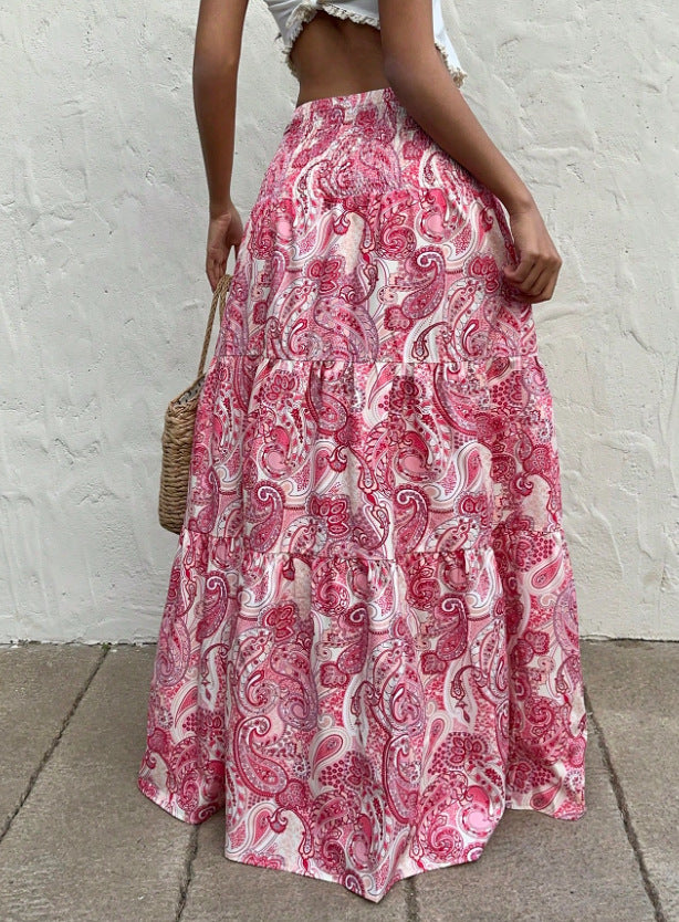 Tiered Paisley Maxi Skirt With Smocked Waist - LightRed - 1