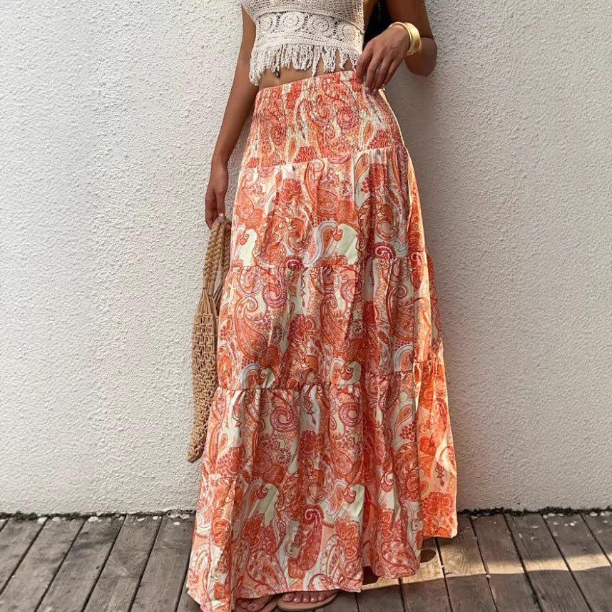 Tiered Paisley Maxi Skirt With Smocked Waist - Orange