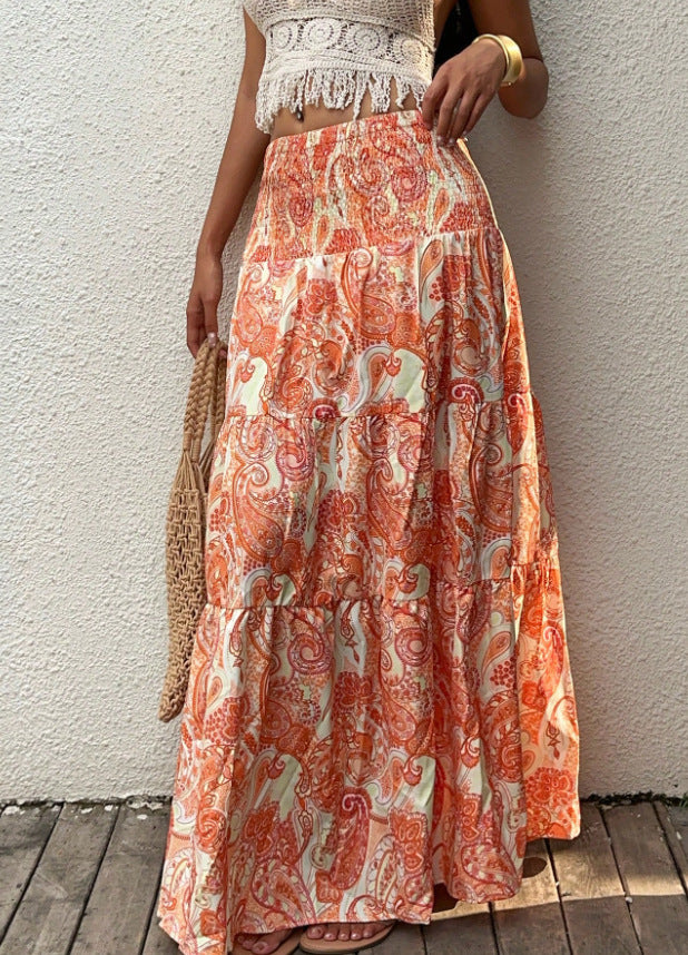 Tiered Paisley Maxi Skirt With Smocked Waist - Orange - 1