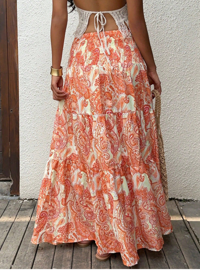Tiered Paisley Maxi Skirt With Smocked Waist - Orange - 2