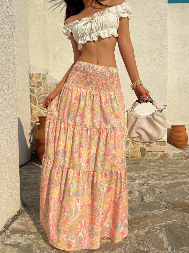 Tiered Paisley Maxi Skirt With Smocked Waist - Sunset