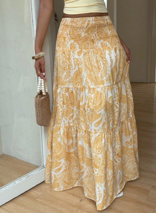 Tiered Paisley Maxi Skirt With Smocked Waist - Yellow