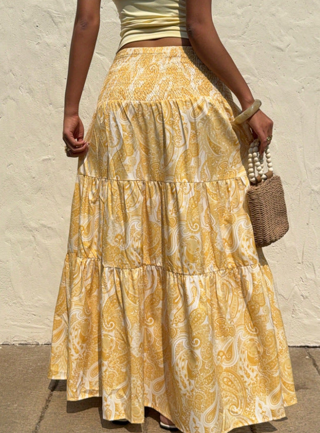 Tiered Paisley Maxi Skirt With Smocked Waist - Yellow - 1