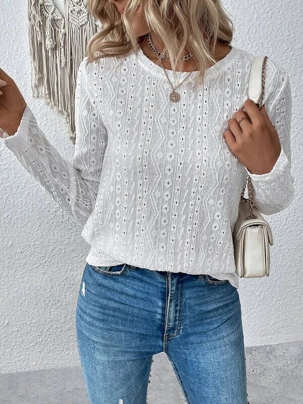 Textured Eyelet Knit Long Sleeve Top - White