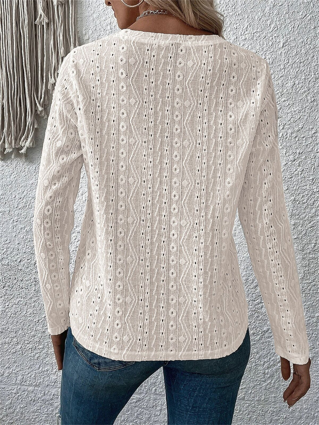Textured Eyelet Knit Long Sleeve Top