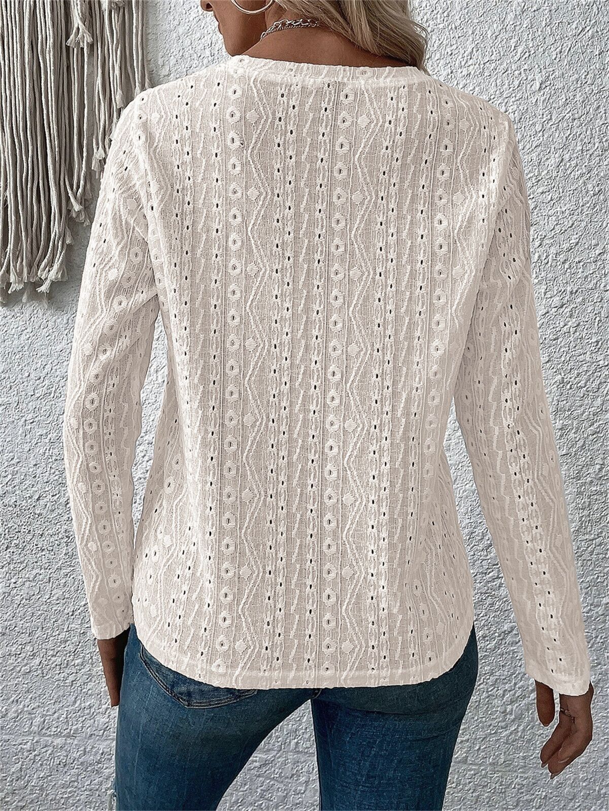 Textured Eyelet Knit Long Sleeve Top