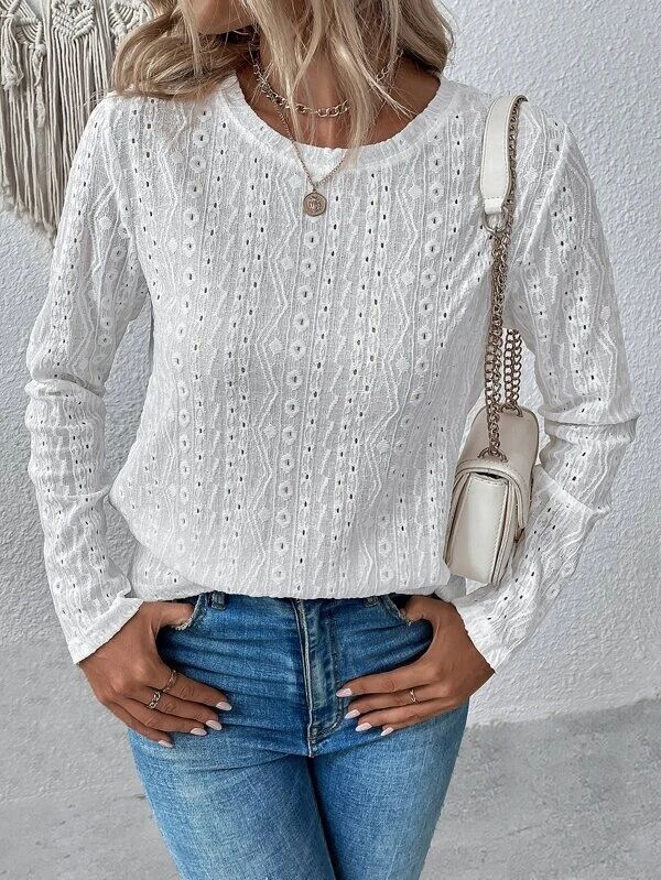 Textured Eyelet Knit Long Sleeve Top - view 1