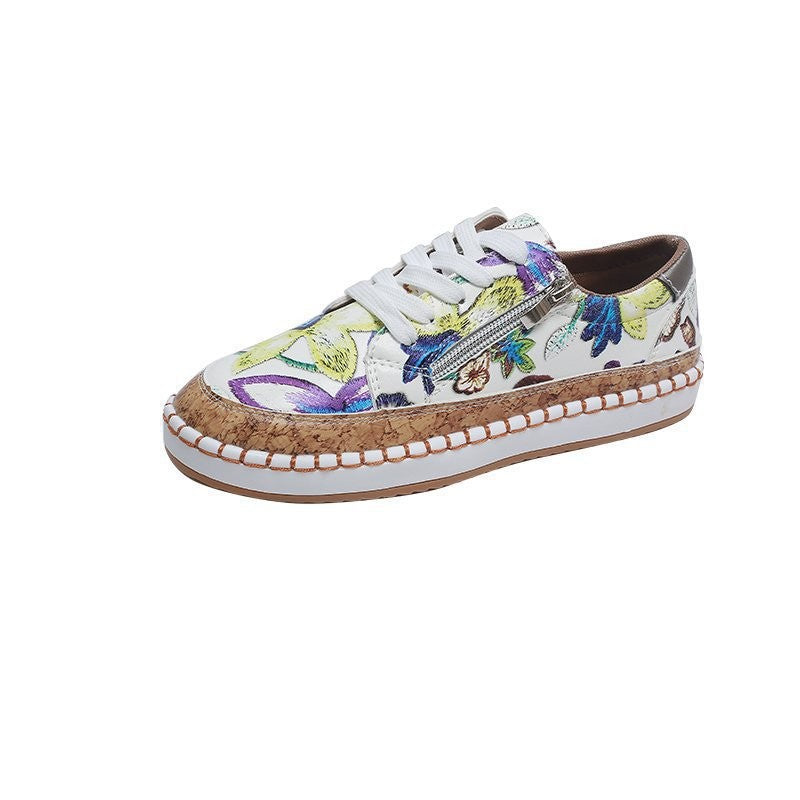 Floral Print Side Zip Lace Up Sneakers - Purple Floral