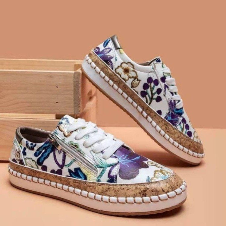 Floral Print Side Zip Lace Up Sneakers