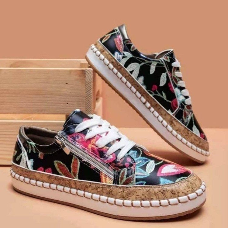 Floral Print Side Zip Lace Up Sneakers