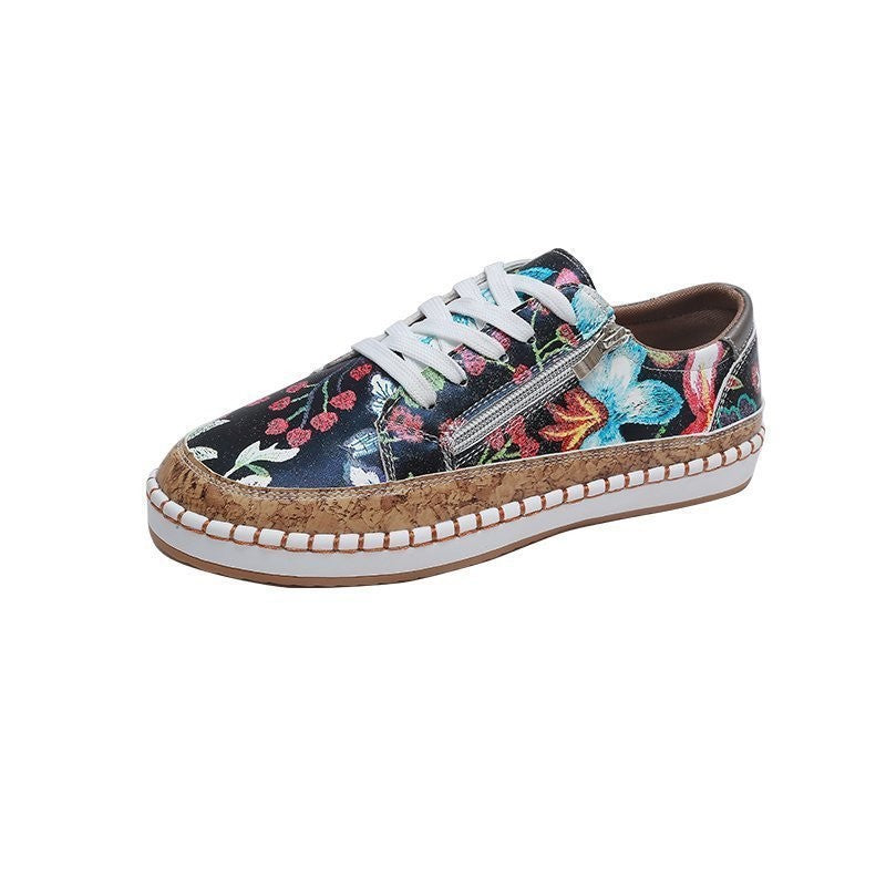 Floral Print Side Zip Lace Up Sneakers