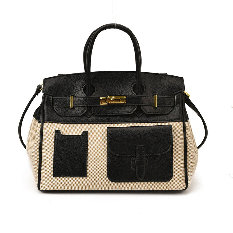 Structured Canvas Panel Top Handle Satchel - Black