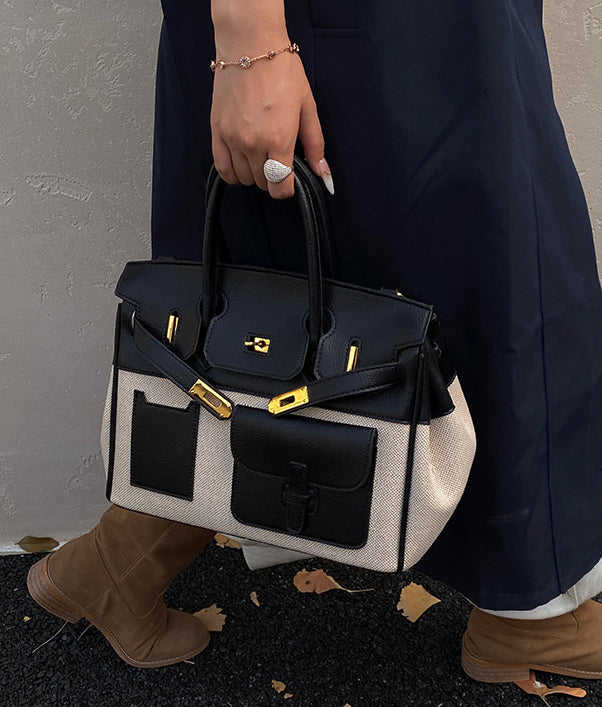 Structured Canvas Panel Top Handle Satchel - Black - 1