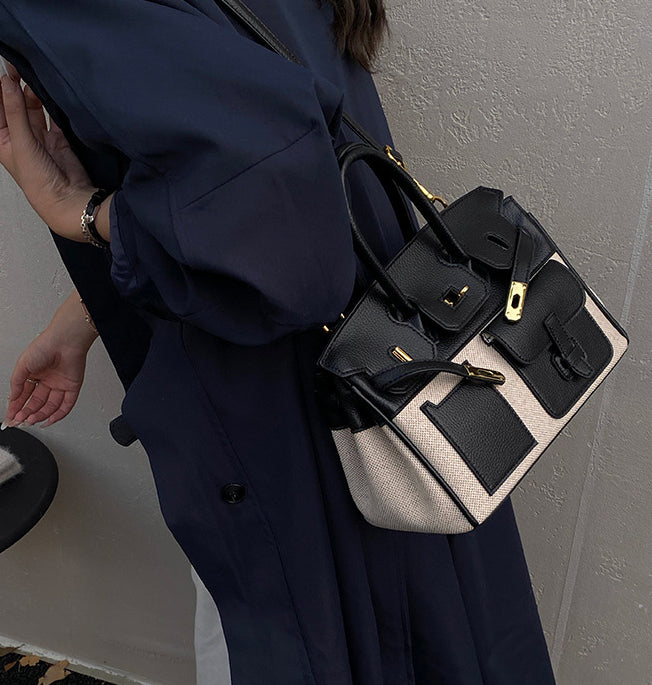 Structured Canvas Panel Top Handle Satchel - Black - 2
