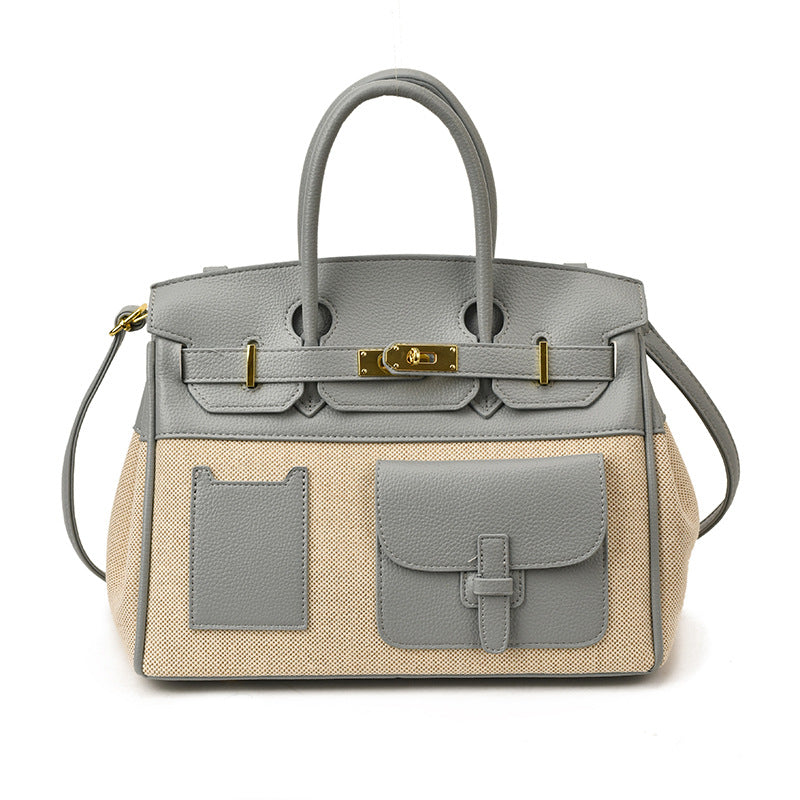 Structured Canvas Panel Top Handle Satchel - Blue