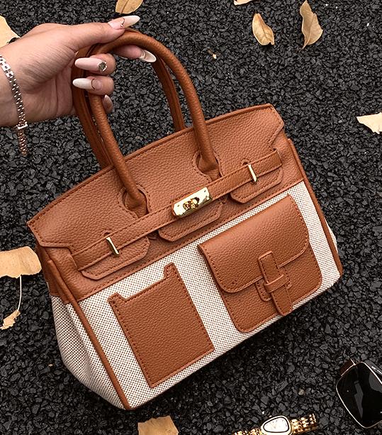 Structured Canvas Panel Top Handle Satchel - Brown