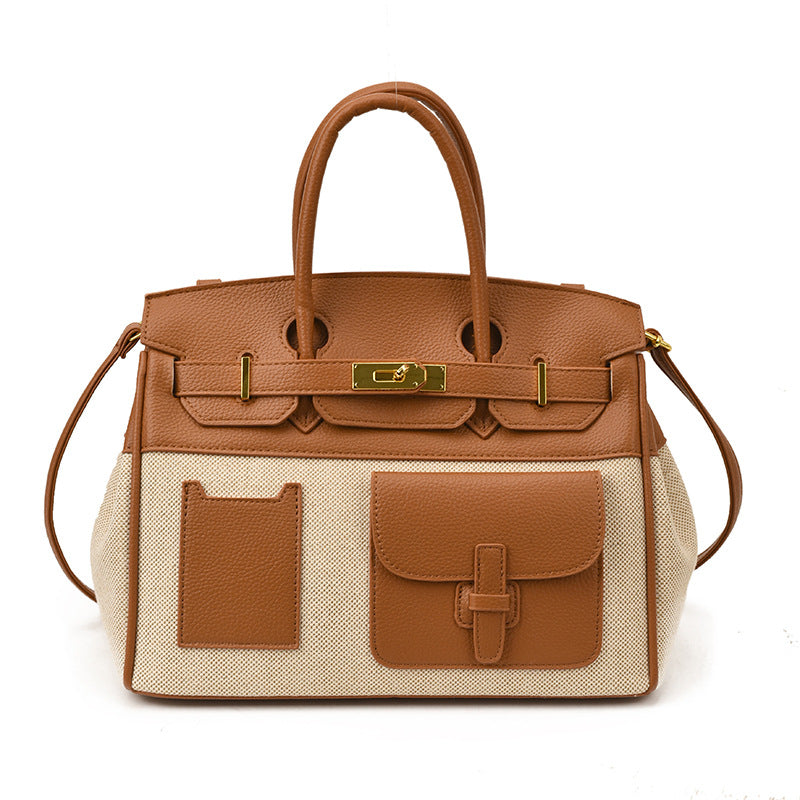 Structured Canvas Panel Top Handle Satchel - Brown - 1