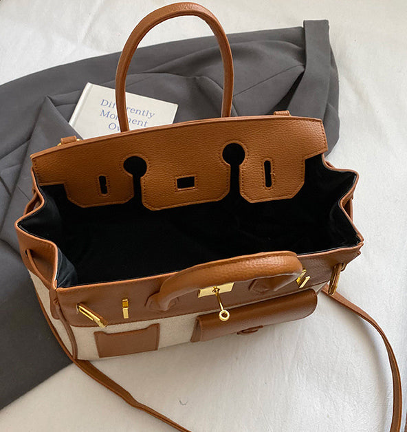 Structured Canvas Panel Top Handle Satchel - Brown - 2